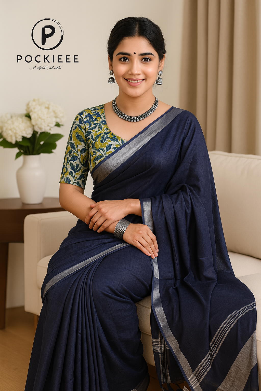 Plain Cotton Linen Saree with Blouse Piece